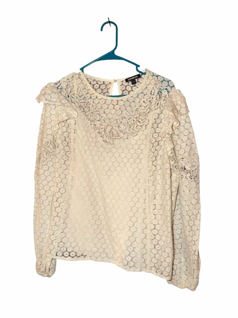 Express Cream Lace Ruffle-Shoulder Blouse - Picture 2 of 5